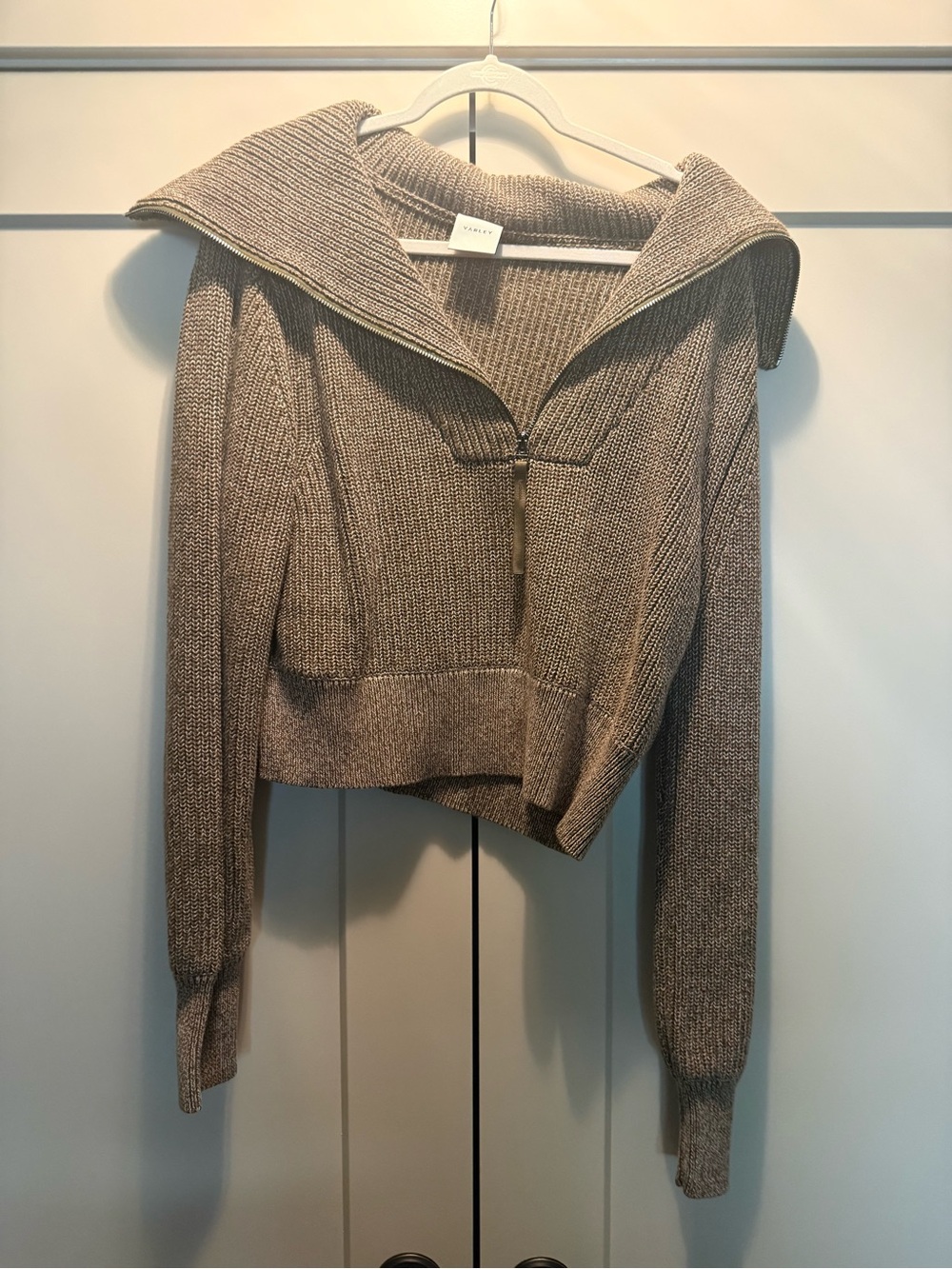 Varley Taupe Zip-Front Cropped Turtleneck Sweater